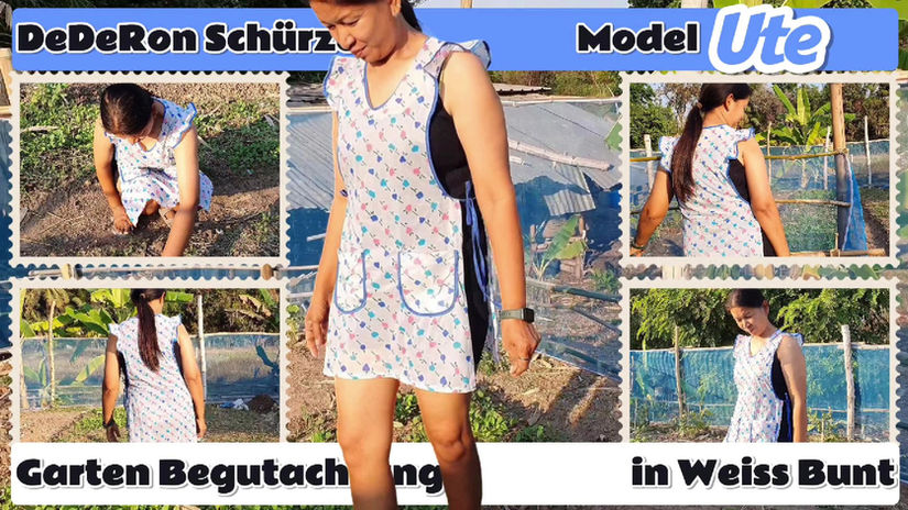 Ute begutachtet ihren Garten in Dederon Überwurf Schürze#058